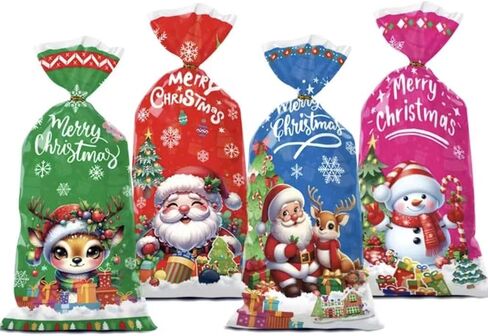 MAKBYME 50 Pcs Merry Christmas Gift Bags with Handles - Winter Xmas Treat Bags for Kids, Santa Claus Plastic Small Candy Goody Goodie Snack Bags Bulk for Christmas Party Decorations Supplies Favors in Saudi Arabia