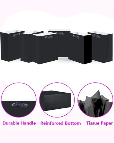 qiqee Black Gift Bags with Tissue Paper Mulit Assorted Sizes 24PCS Present Party Favor Birthday Bags(4pcs Large 13", 10pcs Medium 9", 10pcs Small 6" Bags，52pcs Tissue Paper) in Saudi Arabia