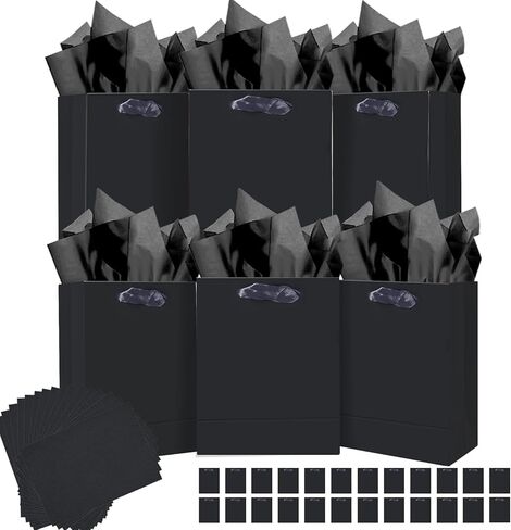 qiqee Black Gift Bags with Tissue Paper Mulit Assorted Sizes 24PCS Present Party Favor Birthday Bags(4pcs Large 13", 10pcs Medium 9", 10pcs Small 6" Bags，52pcs Tissue Paper) in Saudi Arabia
