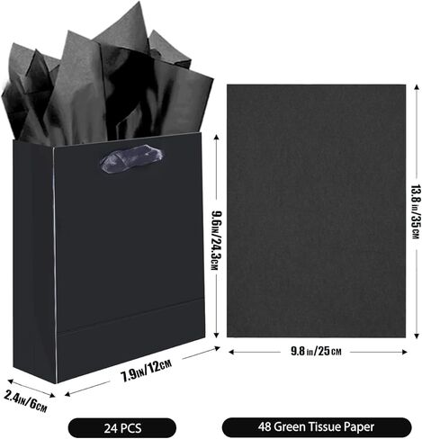 qiqee Black Gift Bags with Tissue Paper Mulit Assorted Sizes 24PCS Present Party Favor Birthday Bags(4pcs Large 13", 10pcs Medium 9", 10pcs Small 6" Bags，52pcs Tissue Paper) in Saudi Arabia