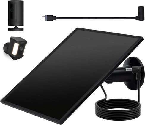 Ring Camera Solar Panel, 5W Solar Charger Compatible with Rings Spotlight Plus/Pro, Stick Up Outdoor Cam Battery, 10ft Long Cable with Ring Barrel Plug to USB-C Adapter (Black-1Pack) in Kuwait