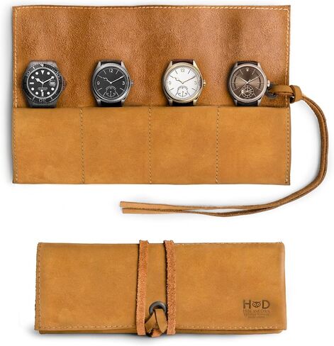 Hide & Drink, Watch Roll Organizer with 4 Slots, Storage Box, Jewelry Roll, Easy Carry On Watchlover Storage, Full Grain Leather, Handmade Travel Case, Bourbon Brown in Kuwait