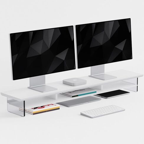 Dual‑Tier Monitor Stand for Modern Desk Setup – Minimalist Wooden and Metal Riser Shelf with Transparent Acrylic Feet for Dual Monitors, Laptops, Home Office Aesthetic，Beige and White in Saudi Arabia