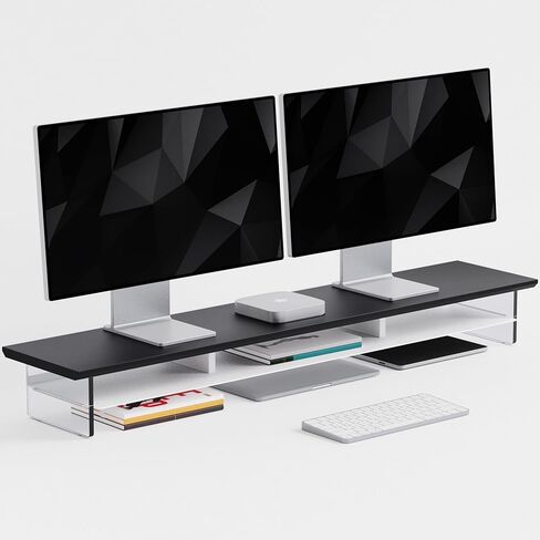 Dual‑Tier Monitor Stand for Modern Desk Setup – Minimalist Wooden and Metal Riser Shelf with Transparent Acrylic Feet for Dual Monitors, Laptops, Home Office Aesthetic，Beige and White in Saudi Arabia