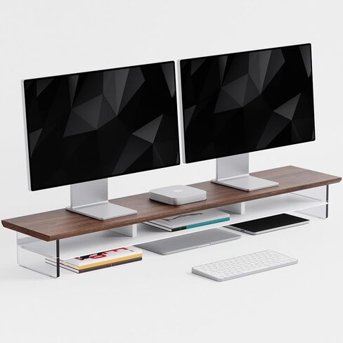 Dual‑Tier Monitor Stand for Modern Desk Setup – Minimalist Wooden and Metal Riser Shelf with Transparent Acrylic Feet for Dual Monitors, Laptops, Home Office Aesthetic，Beige and White in Saudi Arabia