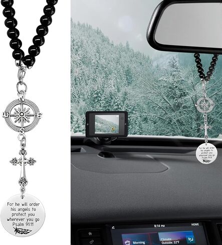 Cross Car Charm, Christian Rear View Mirror Ornament with Bible Verse Psalm 91:11, for He Will Order His Angels to Protect You Wherever You Go, Religious Gift for New Drivers in Saudi Arabia