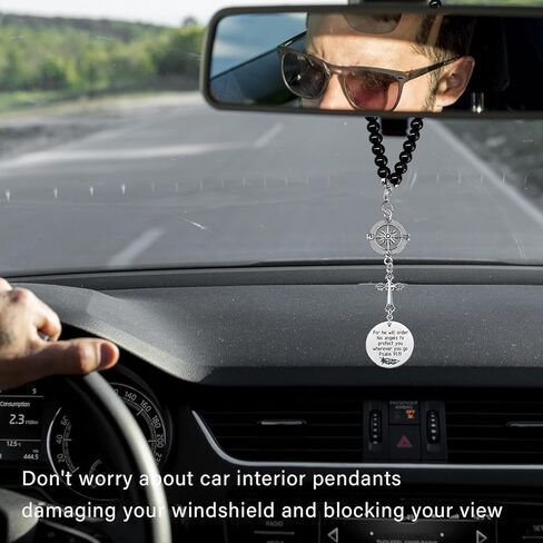 Cross Car Charm, Christian Rear View Mirror Ornament with Bible Verse Psalm 91:11, for He Will Order His Angels to Protect You Wherever You Go, Religious Gift for New Drivers in Saudi Arabia