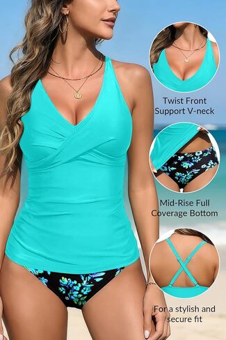 Yonique Tankini Swimsuits for Women Tummy Control Bathing Suits Two Piece Tankini Tops with Bikini Bottoms Twist Swimwear in Kuwait