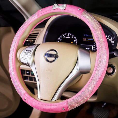 غطاء عجلة قيادة السيارة للنساء والفتيات إكسسوارات بعقدة على شكل فيونكة مقاس 15 بوصة عالمية ملونة من حجر الراين الكريستالي الماسي المضاد للانزلاق باللون الوردي in Kuwait