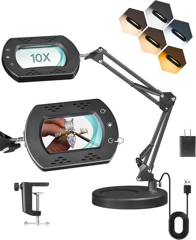 10X Round Magnifying Glass with Light and Stand, 2-in-1 LED Lighted Desk Lamp & Clamp, 5 Color Modes Stepless Dimmable, Hands-Free Magnifier Desk Lamp for Reading Craft Close Work B02DL05 in Kuwait