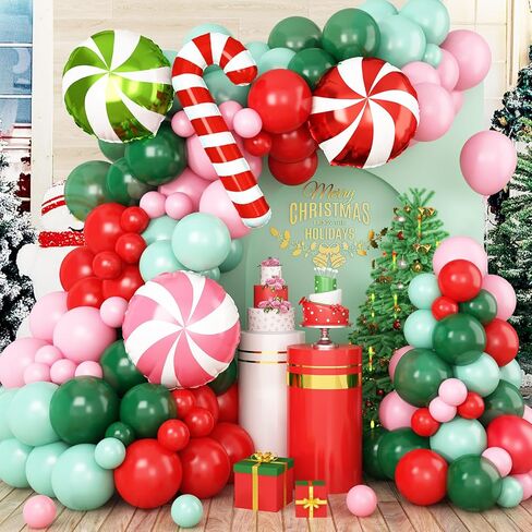 Christmas Balloon Garland Arch Kit, 120 PCS Red Green Pink Balloon Arch Kit with Xmas Candy Cane Elk Candy Foil Balloons Perfect for Xmas Christmas Holiday New Year Birthday Party Supply Decorations in Saudi Arabia