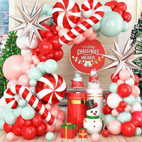 Christmas Balloon Garland Arch Kit, 120 PCS Red Green Pink Balloon Arch Kit with Xmas Candy Cane Elk Candy Foil Balloons Perfect for Xmas Christmas Holiday New Year Birthday Party Supply Decorations in Saudi Arabia