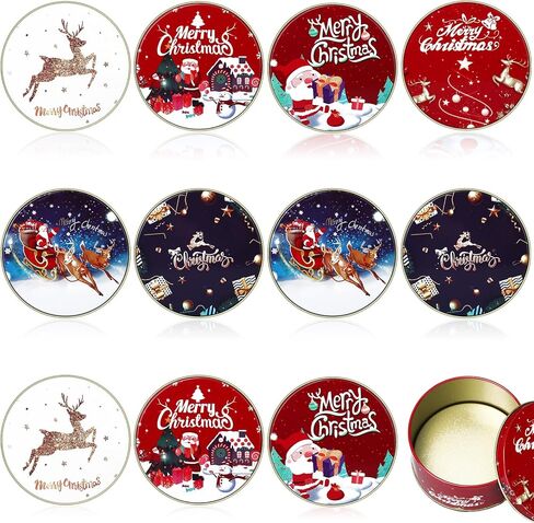 12 Pcs Christmas Tin Gift Box Christmas Cookie Tins Card Holder Boxes with Lids for Party Favors, DIY Candles, Dry Storage, Spices, Tea, Candy, Gifts(Round) in Saudi Arabia