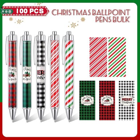 Tenceur 100 Pcs Christmas Ballpoint Pens Bulk with Black Ink, Black Red Green Plaid Xmas Rollerball Pens for Adults Christmas Party Favors Gifts for Coworkers Office Favors Stocking Stuffers in Saudi Arabia