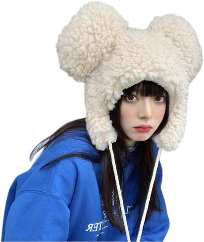 Cute Plush Faux Fur Animal Critter Hat Cap with Ear Flaps Fuzzy Bear Hat Soft Warm Winter Hat Beanie for Adults Women Girls in Kuwait