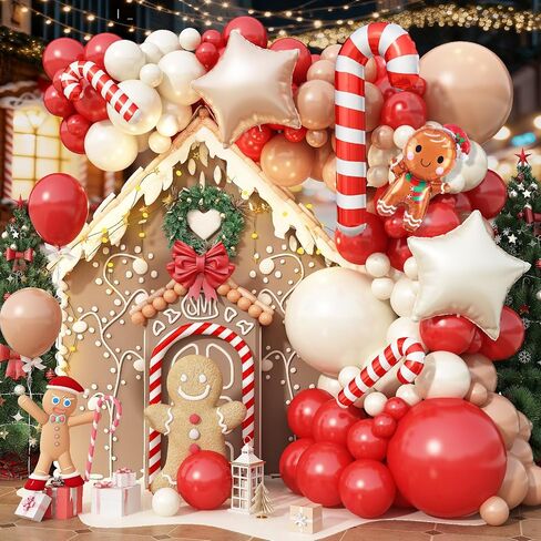 Gingerbread Christmas Balloon Garland Arch Kit Gingerbread House Red Brown Sand White Balloons with Star Candy Cane Foil Balloon for Christmas Reindeer Elk Party Xmas Winter New Year Party Decorations in Saudi Arabia
