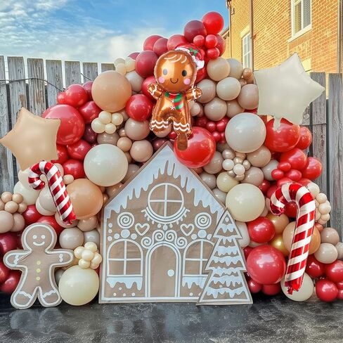 Gingerbread Christmas Balloon Garland Arch Kit Gingerbread House Red Brown Sand White Balloons with Star Candy Cane Foil Balloon for Christmas Reindeer Elk Party Xmas Winter New Year Party Decorations in Saudi Arabia