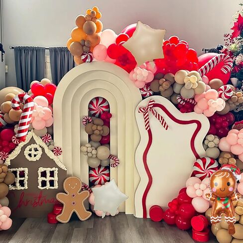 Gingerbread Christmas Balloon Garland Arch Kit Gingerbread House Red Brown Sand White Balloons with Star Candy Cane Foil Balloon for Christmas Reindeer Elk Party Xmas Winter New Year Party Decorations in Saudi Arabia