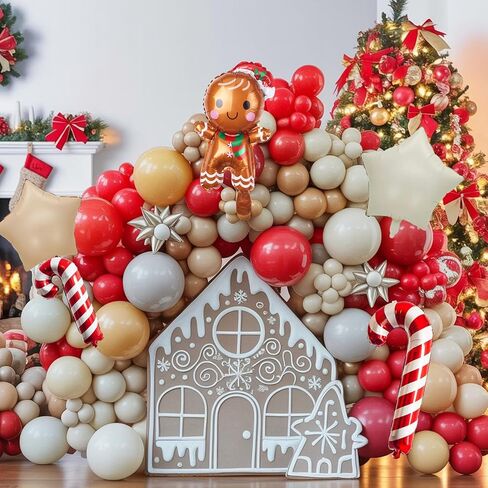 Gingerbread Christmas Balloon Garland Arch Kit Gingerbread House Red Brown Sand White Balloons with Star Candy Cane Foil Balloon for Christmas Reindeer Elk Party Xmas Winter New Year Party Decorations in Saudi Arabia