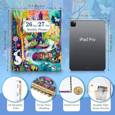 2025-2026 18-Month Academic Monthly Planner 9'' x 11'' Spiral Bound Hard Cover with Double-Sided Pocket for Women, Men in Kuwait