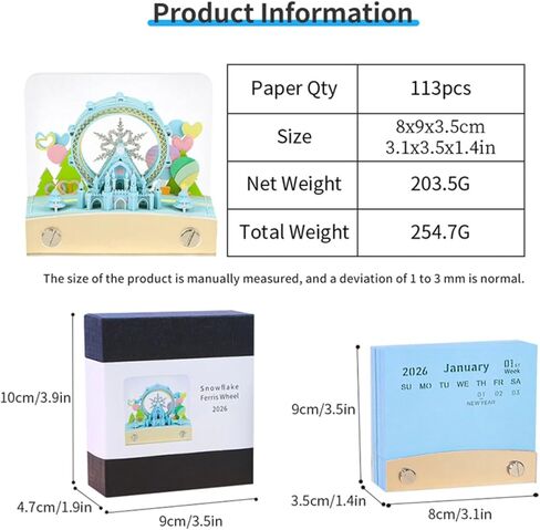 تقويم قطعة الوقت 2026، تقويم ثلاثي الأبعاد قابل للتمزيق، لوحة مذكرة فنية لنحت الورق هدية مفكرة لعيد الميلاد لتزيين سطح المكتب (مع الضوء، مع البطاريات) in Kuwait