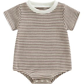 Newborn Baby Boy Girl Waffle Romper Short Sleeve Solid Striped Crewneck Bubble Oversized Bodysuit Infant Summer Outfit