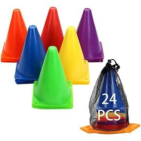 WIn SPORTS Training Plastic Soccer Cones Set,24 Pack Cones for Skating Basketball Football Practice Drills,for Indoor Outdoor Training Obstacle Course, Sports Equipment for Kids (Multicolor,7 Inch)