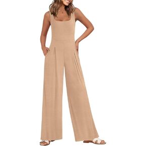 One Piece Jumpsuits for Women Summer Sleeveless Ribbed Square Neck Rompers High Waist Overalls with Pocket