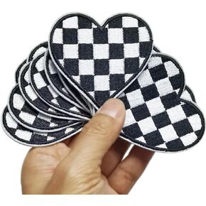 FSFYXHC Set of 12pcs Black and White Racing Day Race Day Checkered Flag Heart Iron On Embroidered Patches Appliques Machine Embroidery Jacket Denim Jeans Shirt Trucker Hat Cap Patch Crafts 2.5"x2.3"