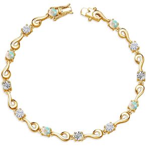 18K Yellow Gold Plated Silver Simulated White Opal and White Moissanite and White Lab Grown Diamond Bracelet For Women (2.19 Cttw, Gemstone October Birthstone, Round Cabochon 4MM, 6.5, 7, 7.5 Inches)