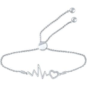 Jewels By Lux Sterling Silver Womens Round Diamond Heart Heartbeat Bolo Bracelet 1/8 Cttw In PavŽ Setting with natural round shape white diamond