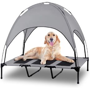 Elevated Outdoor Dog Bed with Canopy, Raised Removable Cover Cooling Dog Beds with Waterpoof Shade Dog Tent Outside Portable Dog Cot for Large Dogs Pet (Brown)