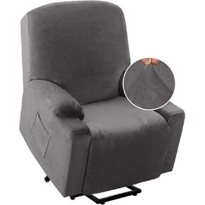 H.VERSAILTEX Rich Velvet Stretch Recliner Slipcovers 1 Piece Electric Power Lift Recliner Chair Cover Fitted Standard Large Power Lift Recliner with Side Pocket, Soft and Thick (Single Seat, Ivory)