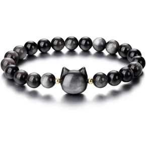 Jovivi Crystal Cat Bracelet for Women Men,8mm Natural Stone Beaded Bracelet Protection Healing Crystals Gemstones Stretch Bracelet Cat Jewelry Gifts for Good Luck,Money Attraction
