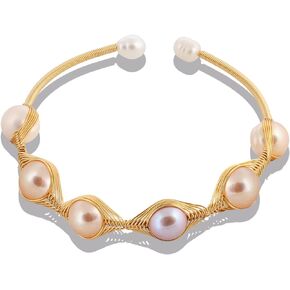 HUWODY White Oval Freshwater Pearl Bracelets for Women Pearl Stretch Bracelet Baroque Pearls Adjustable Bracelets Pearl Bangle Handmade Jewelry