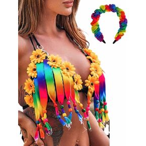 قميص EVILD Festival Rave Outfit قوس قزح قصير مع عصابة رأس للشاطئ عباد الشمس للنساء