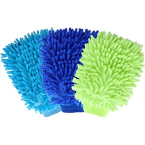 LYCRAFTS 3PK Car Wash Gloves Chenille Microfiber Wash Mitt Double Sided Car Wash Mitt Car Wash Sponge Car Cleaning Supplies for Cars Trucks Boats Motorcycles(Blue+Green+Wathet Blue)