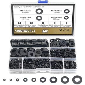 820 Pieces Nylon Flat Washers, Kindroufly 9 Sizes Plastic Washers, White Nylon Washers Assortment Kit (M2 M2.5 M3 M4 M5 M6 M8 M10 M12)