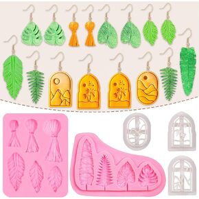 Fchil Boho Clay Cutters for Earring Making, Boho Landscapes Desert Seaside Polymer Clay Cutters, Sun Moon Coconut Tree Palm Banana Leaf Tassel Clay Molds for Jewelry Making DIY Craft(Set of 5)