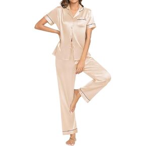 SWOMOG Womens Silk Satin Pajama Sets Button Down Pjs Set Short Sleeve Sleepwear Soft Loungewear 2 Piece Bride Pajamas S-XXL