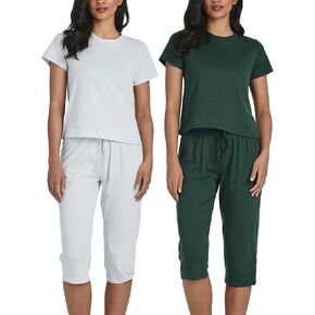 Real Essentials 2 Pack: Women's Cotton Pajamas Short Sleeve Tops and Capri Pants Pajama Sets with Pockets (Available In Plus)