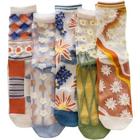 zrylibya Womens Sheer Socks Transparent Thin Mesh Lace Elastic Crew Socks See Through Jacquard Crystal Nylon Socks