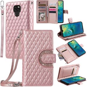 Furill Phone Case for Huawei Mate 20 Wallet Cover with and Crossbody Wrist Strap Shoulder Strap 9+ Card Slots Zipper Purse Luxury PU Leather Stand Cell Accessories Hawaii Mate20 P20 Women Men WineRed