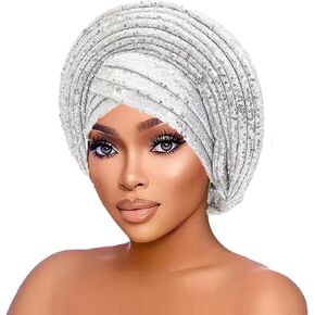 JRZXTWL African Ladies Headscarf Auto Gele Headties Party Headdress Sequins Shiny Baotou Hat