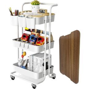 NRSUEN 3 Tier Rolling Cart, Rolling Cart with Table Top, Utility Rolling Storage Cart with Wheels Lockable & Hanging Cups & Hooks, Kitchen Organizer Cart for Bathroom Office Laundry Workshop,Green
