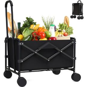 Folding Shopping Cart for Groceries, Grocery Cart on Wheels, 360°Rolling Swivel Wheels and 4 Basket, Portable Heavy Duty Utility Cart for Shopping, Grocery, Laundry