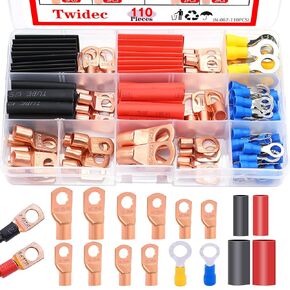 Twidec/110PCS Battery Cable Ends AWG 2 4 6 8 10 12 14 16 Gauge Copper Cable Wire Lugs,Ring Terminals Connectors,Copper Ring Terminals with Heat Shrink N-067-110PCS