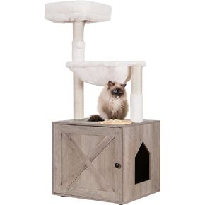 Hey-brother Cat Tree with Litter Box Enclosure, All-in-one Cat Tower for Indoor Cats with Large Hammock, Bed, Food Station, Scratching Posts, Modern Style Pet Furniture, Rustic Brown MPJ100SR