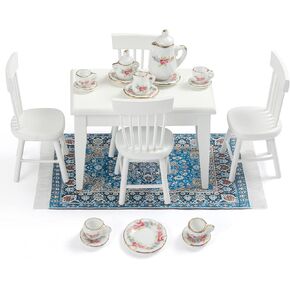 SAMCAMI Miniature Dollhouse Furniture 1 12 Scale - Doll House Furniture Toys for Dollhouse Kitchen - Wooden Dollhouse Furniture Set Incl Dining Table with Chairs, Tea Set, Carpet (White)