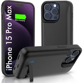 Battery Case for iPhone 15 pro max, 6000mAh Extended Charging Case with Kickstand for Apple 15 pro max, External Phone Charger Case for 15 pro max(6.7") Black